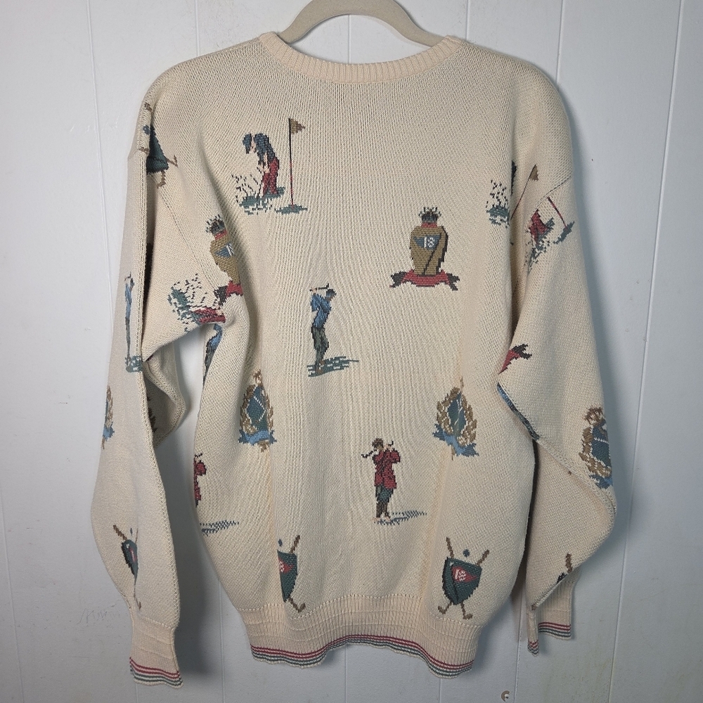 Vtg Neiman Marcus Cotton Golf Print Sweater Size Large Union Made Made In USA - Picture 3 of 16